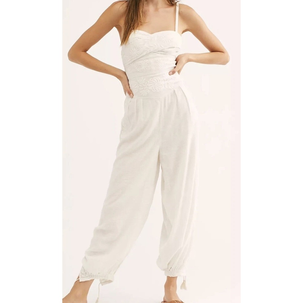 Free People Sarah Sofie White Embroidered Jumpsuit Boho Cottage core Size Small